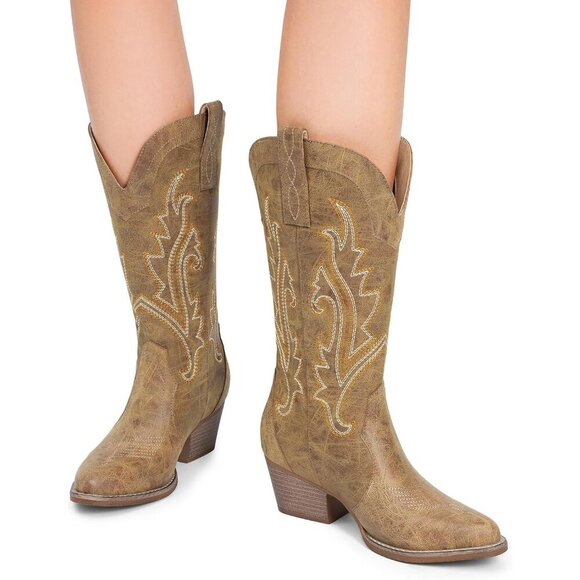 Brand New Women's Tan Faux Leather Chunky Heel Embroidery Stitched Western Boot - Picture 7 of 7